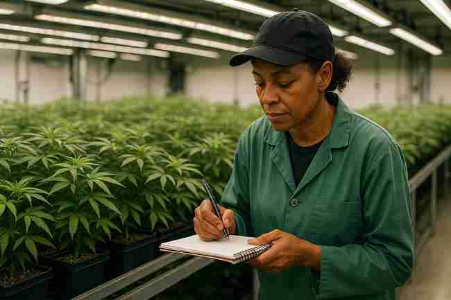 – wide shot of breeder inspecting young cannabis plants in a modern LED-lit grow room