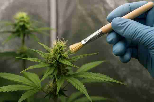 gloved hand delicately brushing pollen onto female pistils inside isolated tent
