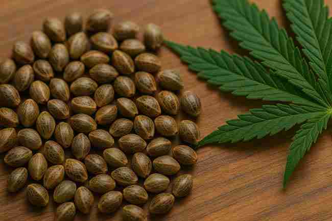 pile of cannabis seeds on wooden surface with crisp green leaf for contrast