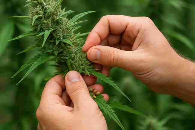 cured bud beside scattered seeds on rustic wood background