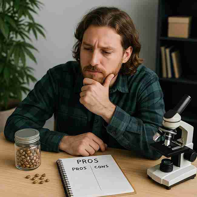thoughtful breeder at desk weighing a pros-and-cons list with jar of seeds and microscope