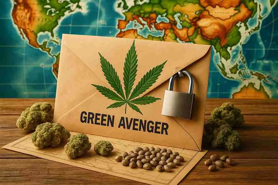 Discreet cannabis seed shipping envelope with Green Avenger logo, cannabis buds, and realistic marijuana seeds on a world map background