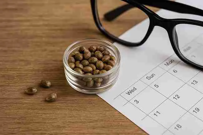 Cannabis seeds stored in a transparent glass container exposed to light, showing seed storage mistakes from light exposure.