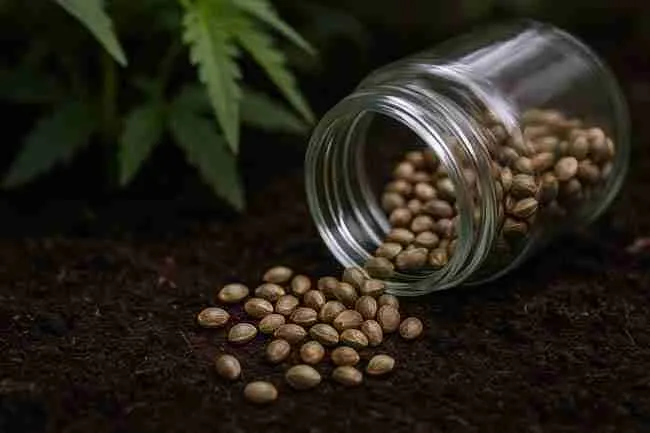 Cannabis seeds spilling from a glass jar onto soil, representing condensation risks when opening cold containers too soon.