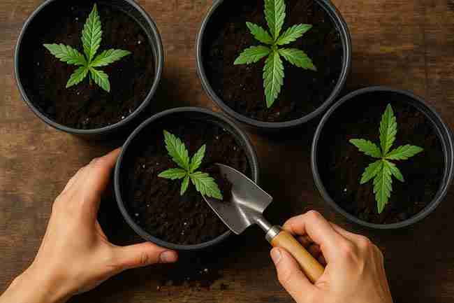 Cannabis seedlings being transplanted, symbolizing seed storage mistakes caused by over-drying and reduced seed vigor.
