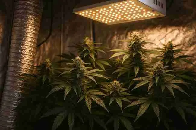 Cannabis plants growing indoors under LED lights, symbolizing seed storage mistakes from repeatedly opening containers and exposing seeds.