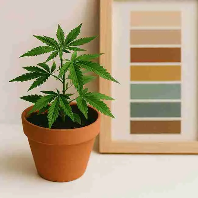 Cannabis plant in a pot beside storage comparison, symbolizing pros and cons of seed storage containers like jars, mylar, and bags.