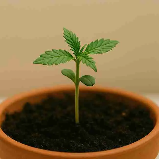 Young cannabis seedling in a pot, symbolizing careful step-by-step fridge storage methods to avoid seed storage mistakes.