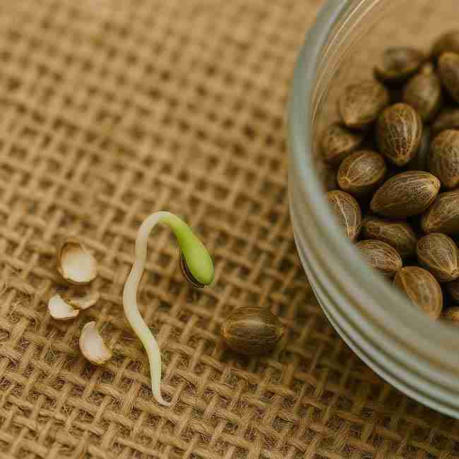 Cannabis seeds in a jar with one sprouting seed nearby, symbolizing long-term freezer storage methods done correctly.