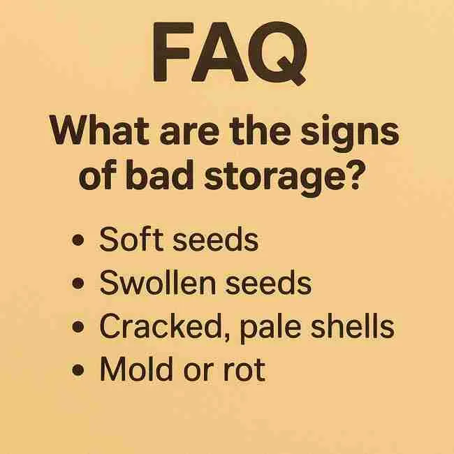 FAQ graphic listing signs of bad cannabis seed storage, symbolizing the importance of warming seeds before opening containers.