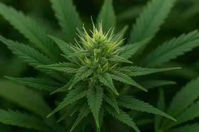 Horizontal close-up of a uniform cannabis plant with symmetrical leaves and balanced structure, symbolizing consistency of F1 cannabis seeds.