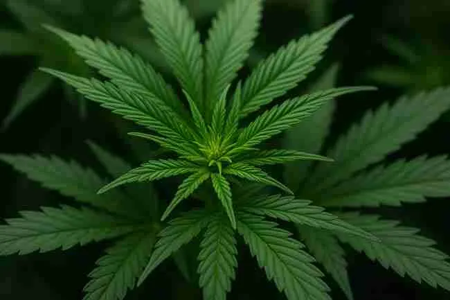 Horizontal close-up of cannabis plant leaves in early growth, symbolizing variation and diversity found in F2 cannabis seed generations.