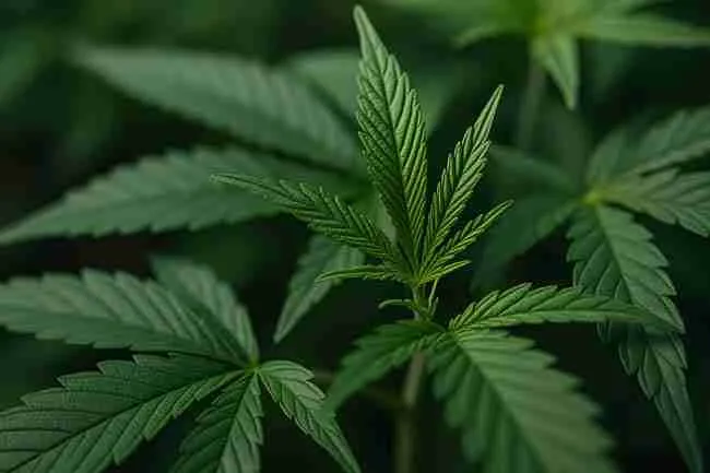Horizontal close-up of cannabis leaves with balanced growth and symmetry, symbolizing stability and mother-like traits of S1 cannabis seeds.