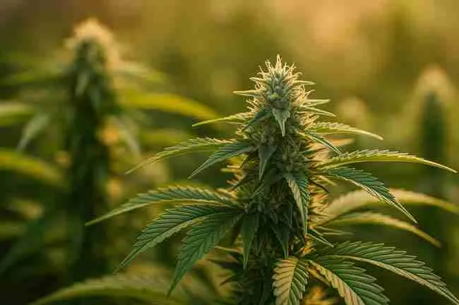 Horizontal close-up of cannabis plants in bloom, one resembling the parent and another slightly varied, symbolizing BX backcross cannabis seeds.