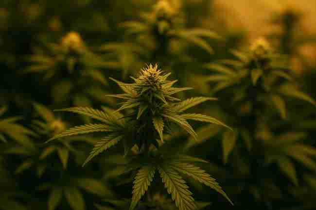 Horizontal image of uniform cannabis plants growing under warm light, symbolizing consistency and stability of IBL seed lines.