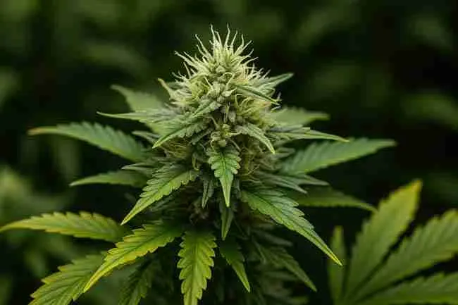 Horizontal close-up of a cannabis plant in bloom, symbolizing careful grower selection, tagging, and pheno hunting in cannabis cultivation.