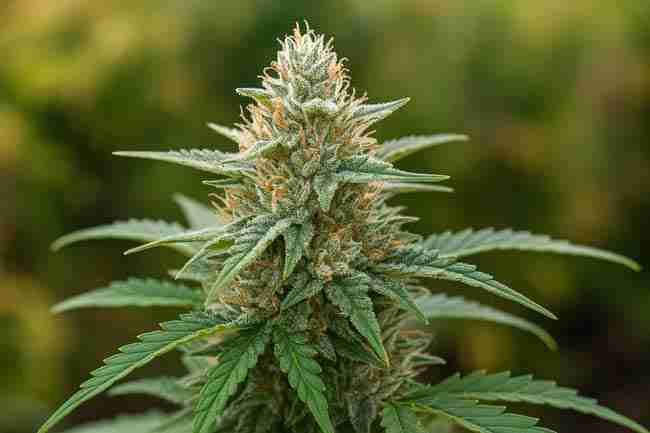 Horizontal close-up of a frosty cannabis bud with vibrant orange pistils, symbolizing the wide variation found in F2 cannabis seed hunts.