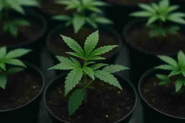 Horizontal close-up of cannabis seedlings in pots, one vigorous with strong growth and another less vigorous, symbolizing pros and cons of F1 vs F2 cannabis seeds.