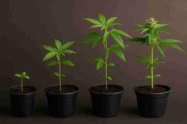 Horizontal lineup of cannabis plants at different growth stages, symbolizing breeder stress testing and careful selection in cannabis seed breeding.