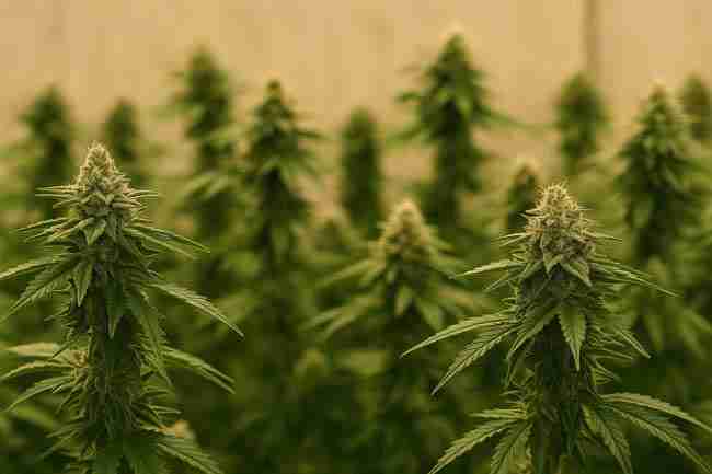 Horizontal image of cannabis colas in bloom, symbolizing the importance of airtight storage, cool conditions, and desiccant use for long-term cannabis seed preservation.