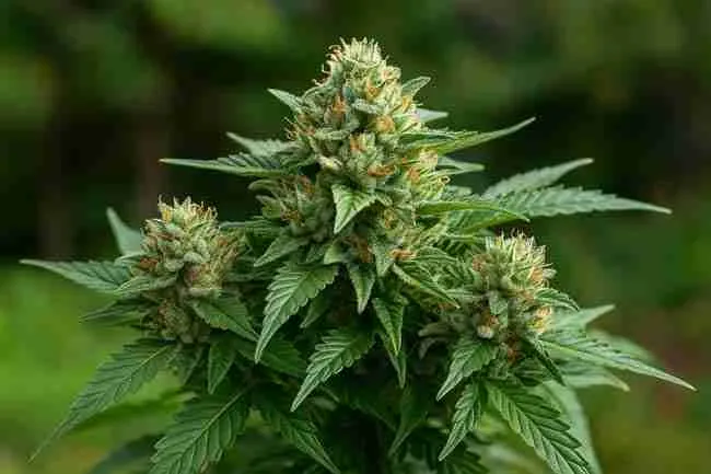 Horizontal close-up of a cannabis plant with dense buds, symbolizing grower note-taking and real-world learning about F1, F2, and S1 cannabis seed differences.