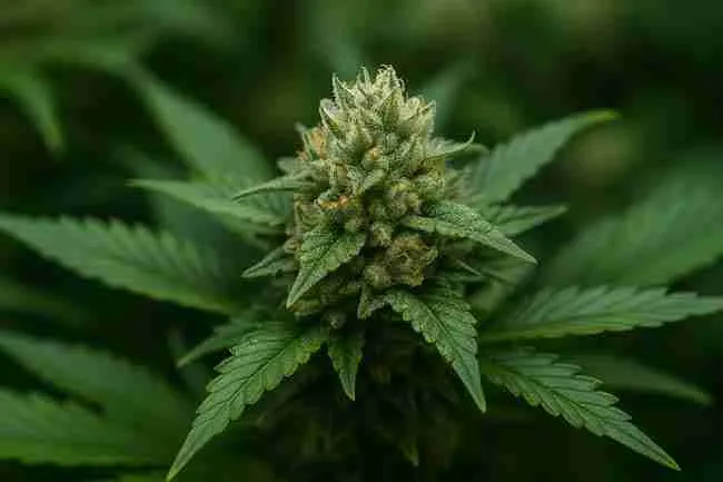 Horizontal close-up of a resinous cannabis bud, symbolizing the decoding and understanding of S1, F1, F2, and BX cannabis seed labels.
