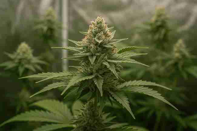 Horizontal close-up of a cannabis plant in bloom inside a grow tent, symbolizing examining myths around F1, F2, and S1 cannabis seeds.