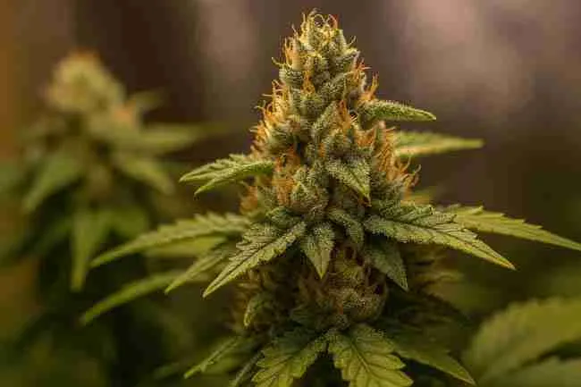 Horizontal close-up of a cannabis bud in bloom, symbolizing growers taking labeled clones and keeping backups during seed selection and hunting.