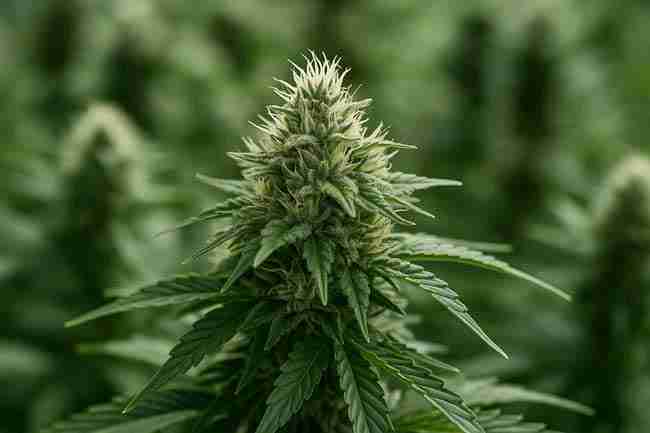 Horizontal close-up of a frosty cannabis cola, symbolizing the importance of airtight containers, dark storage, and desiccant packs for preserving cannabis seeds.