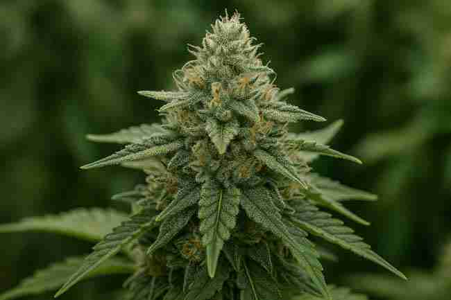 Horizontal close-up of a frosty cannabis cola, symbolizing growers’ FAQs and practical answers about F1 vs F2 vs S1 cannabis seed types.