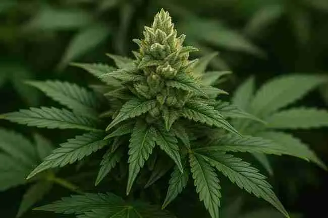 Horizontal close-up of a frosty cannabis cola with serrated leaves, symbolizing grower inspection and keeper selection in cannabis pheno hunts.