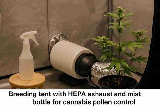 Close-up spray droplets landing on cannabis leaves and tray, showing water neutralizing pollen indoors.
