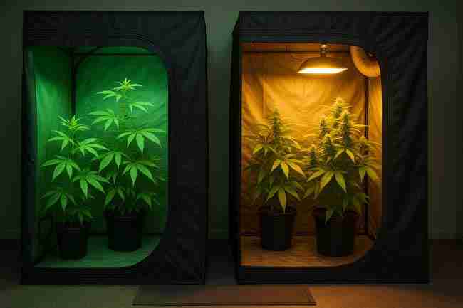 Two grow tents side by side showing clean green-lit grow tent and warm-lit breeding tent for cannabis pollen control.