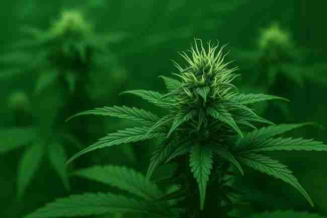 Close-up of cannabis flower with pistils and leaves under green light showing pollen-sensitive surfaces for cannabis pollen control.