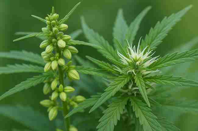 Close-up of male and female cannabis flowers side by side showing pollen sacs and pistils for cannabis pollen control.