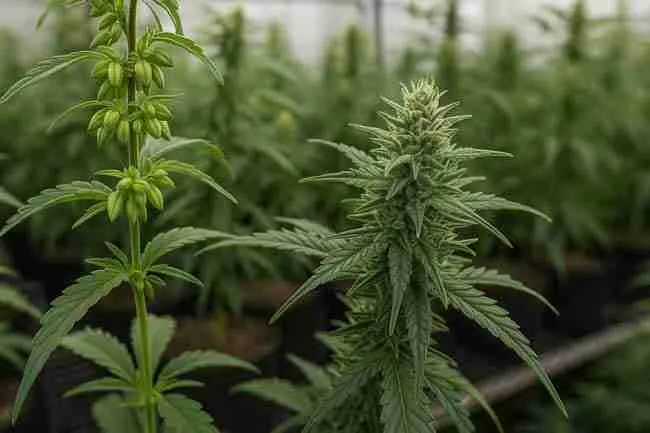Indoor cannabis grow showing male plant with pollen sacs beside female plant with frosty buds for cannabis pollen control.
