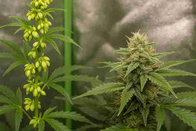 Indoor cannabis grow showing male with pollen sacs beside resin-coated female bud for cannabis pollen control.