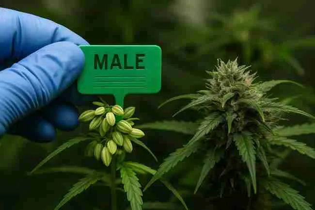 Gloved hand labeling a male cannabis plant with pollen sacs beside frosty female bud for cannabis pollen control.