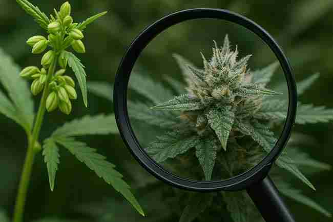 Cannabis male plant with pollen sacs beside female bud under magnifying glass for cannabis pollen control strategy comparison.