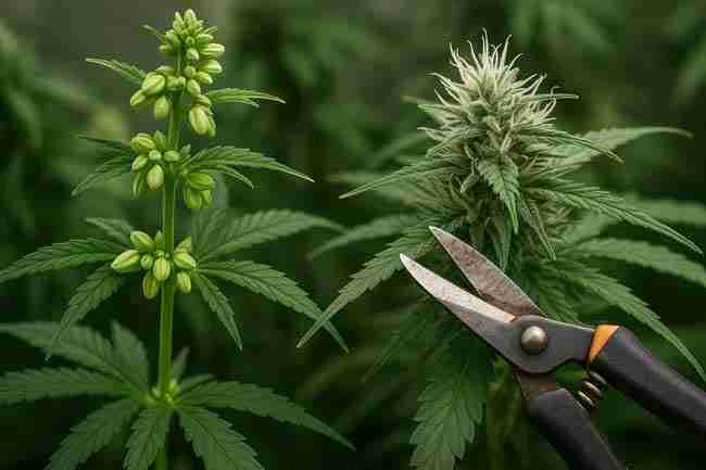 Cannabis male plant with pollen sacs and female bud beside pruning shears for cannabis pollen control gear setup.