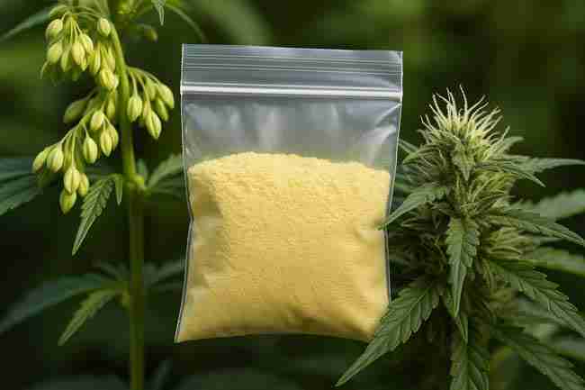 Transparent bag of dried cannabis pollen placed between male plant with sacs and female bud for cannabis pollen control.