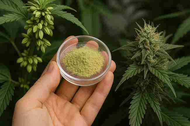 Hand holding petri dish of cannabis pollen between male plant with sacs and female bud for cannabis pollen control example.