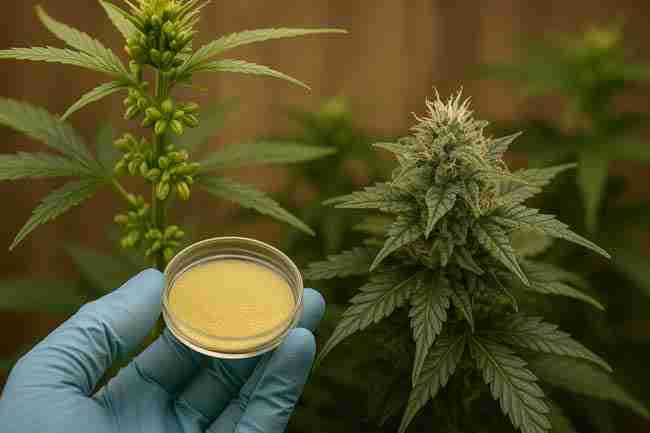 Gloved hand holding pollen dish between male cannabis plant with sacs and female bud for cannabis pollen control reference.