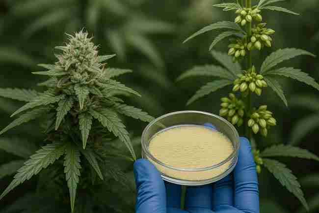 Gloved hand holding petri dish of cannabis pollen between male plant with sacs and female bud for cannabis pollen control overview.