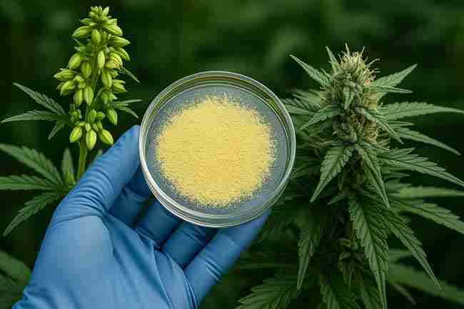 Gloved hand holding petri dish of cannabis pollen between male plant with sacs and female bud for cannabis pollen control specs.