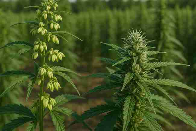 Outdoor cannabis field showing male plant with pollen sacs beside female plant with frosty bud for cannabis pollen control practices.