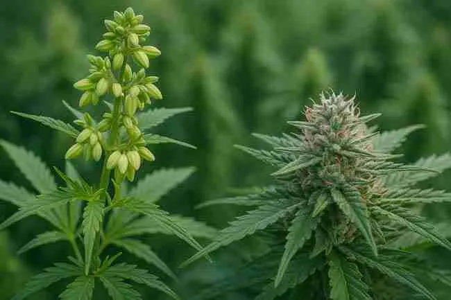 Side-by-side male cannabis plant with pollen sacs and female cannabis plant with frosty bud representing cannabis pollen control.