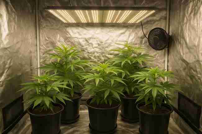 Indoor cannabis plants under LED lighting showing strong branching, tight nodes, and healthy growth traits.