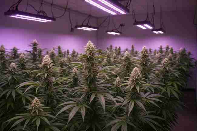 Rows of mature cannabis plants under LED lights, showcasing dense buds and diverse high-yielding strains.