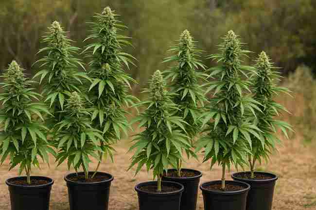 Outdoor cannabis plants in pots showing balanced light exposure and healthy bud development without stress.